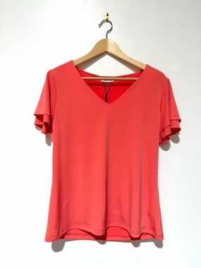 Calvin Klein V-Neck Short Sleeve Top | Coral | Size Large | NWT